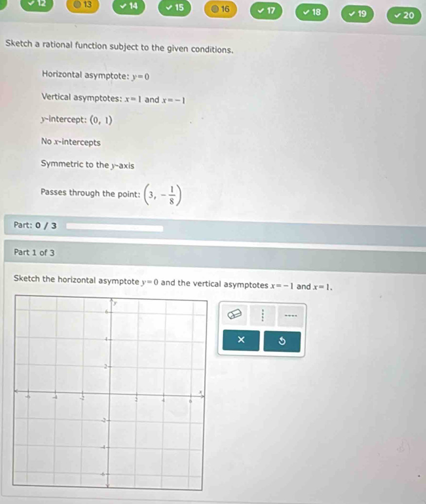 12 13 14 15 16 17 18 19 20 
Sketch a rational function subject to the given conditions. 
Horizontal asymptote: y=0
Vertical asymptotes: x=1 and x=-1
y-intercept: (0,1)
No x-intercepts 
Symmetric to the y-axis 
Passes through the point: (3,- 1/8 )
Part: 0 / 3 
Part 1 of 3 
Sketch the horizontal asymptote y=0 and the vertical asymptotes x=-1 and x=1. 
: ---. 
×