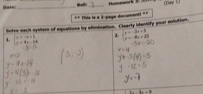 Ball: _ Homewor k  3     (Day 1)
(2x-3y=9