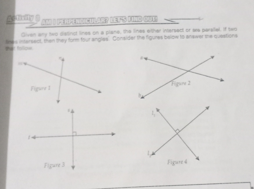 Activity g AM I PERPENDICULAR? LETS FIND OUT! 
Given any two distinct lines on a plane, the lines either intersect or are parallel. If two 
lines intersect, then they form four angles. Consider the figures below to answer the questions 
that follow.