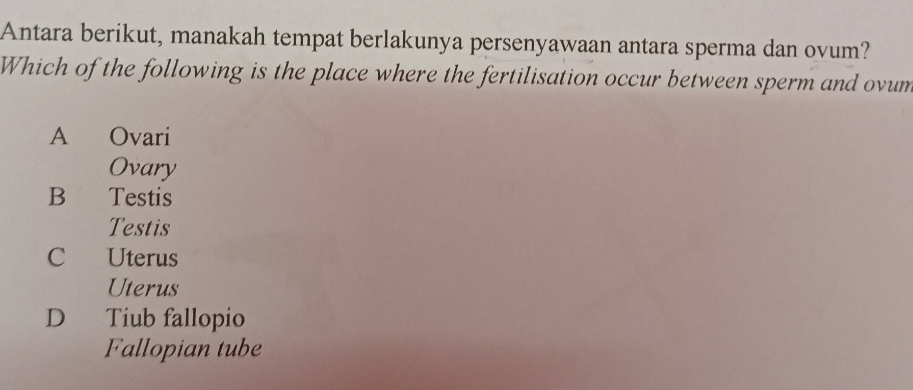 Antara berikut, manakah tempat berlakunya persenyawaan antara sperma dan ovum?
Which of the following is the place where the fertilisation occur between sperm and ovum
A Ovari
Ovary
B Testis
Testis
C Uterus
Uterus
D Tiub fallopio
Fallopian tube