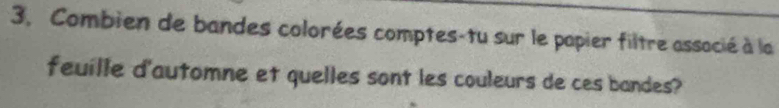 3, Combien de bandes colorées comptes-tu sur le papier filtre associé à la 
feuille d'automne et quelles sont les couleurs de ces bandes?