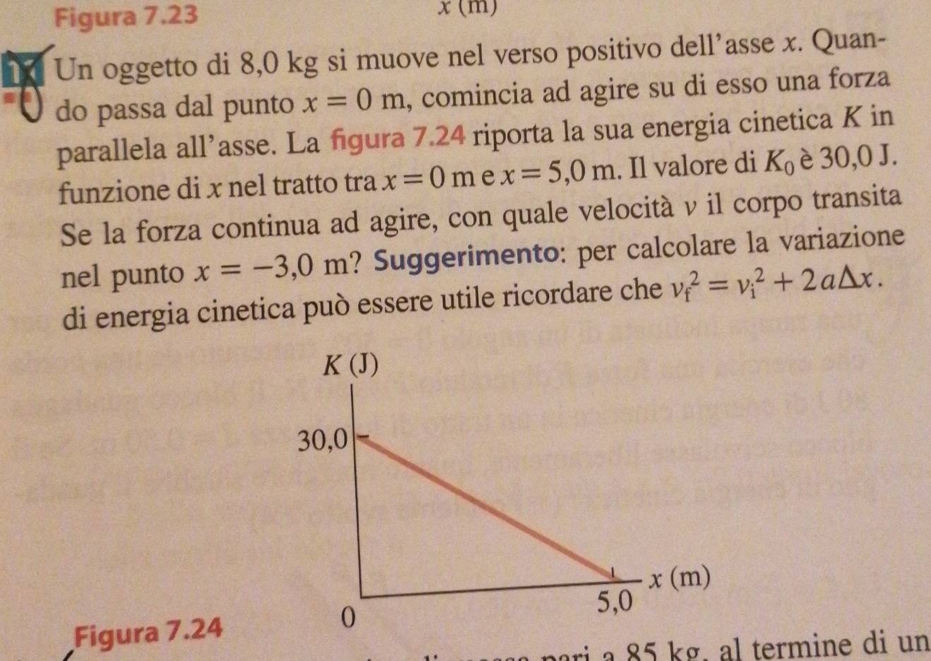 Figura 7.23 x (m)
1 Un oggetto di 8,0 kg si muove nel verso positivo dell’asse x. Quan-
. do passa dal punto x=0m , comincia ad agire su di esso una forza
parallela all’asse. La figura 7.24 riporta la sua energia cinetica K in
funzione di x nel tratto tra x=0m e x=5,0m. Il valore di K_0 è 30,0 J.
Se la forza continua ad agire, con quale velocità v il corpo transita
nel punto x=-3,0m ? Suggerimento: per calcolare la variazione
di energia cinetica può essere utile ricordare che v_f^2=v_i^2+2a△ x.
Figura 7.24
ri a 85 kg. al termine di un