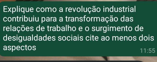 Explique como a revolução industrial 
contribuiu para a transformação das 
relações de trabalho e o surgimento de 
desigualdades sociais cite ao menos dois 
aspectos
11:55