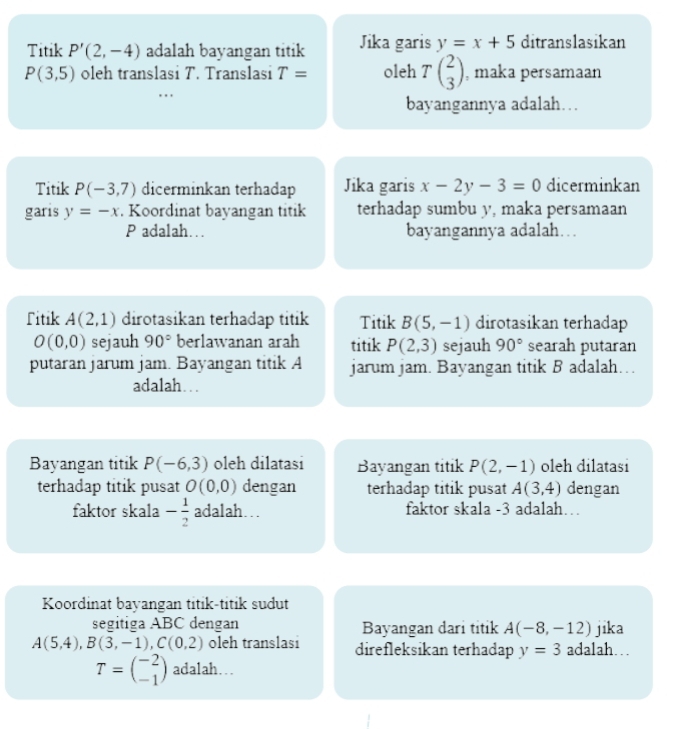 Titik P'(2,-4) adalah bayangan titik Jika garis y=x+5 ditranslasikan
P(3,5) oleh translasi T. Translasi T= oleh Tbeginpmatrix 2 3endpmatrix , maka persamaan 
bayangannya adalah…. 
Titik P(-3,7) dicerminkan terhadap Jika garis x-2y-3=0 dicerminkan 
garis y=-x. Koordinat bayangan titik terhadap sumbu y, maka persamaan
P adalah… bayangannya adalah… 
Titik A(2,1) dirotasikan terhadap titik Titik B(5,-1) dirotasikan terhadap
O(0,0) sejauh 90° berlawanan arah titik P(2,3) sejauh 90° searah putaran 
putaran jarum jam. Bayangan titik A jarum jam. Bayangan titik B adalah… 
adalah… 
Bayangan titik P(-6,3) oleh dilatasi Bayangan titik P(2,-1) oleh dilatasi 
terhadap titik pusat O(0,0) dengan terhadap titik pusat A(3,4) dengan 
faktor skala - 1/2  adalah… faktor skala - 3 adalah… 
Koordinat bayangan titik-titik sudut 
segitiga ABC dengan Bayangan dari titik A(-8,-12) jika
A(5,4), B(3,-1), C(0,2) oleh translasi direfleksikan terhadap y=3 adalah… .
T=beginpmatrix -2 -1endpmatrix adalah…