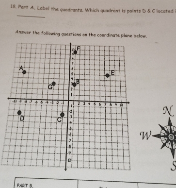 Label the quadrants, Which quadrant is points D & C located 
_ 
Answer the following questions on the coordinate plane below. 

PART B.