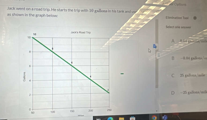 er Options
Jack went on a road trip. He starts the trip with 10 gallons in his tank and use he
as shown in the graph below: Elimination Tool
Select one answer
A 0.04 gallons/mil;
B -0.04 gallons/m
-
C 25 gallons/mile
D - 25 gallons/mil
Milae