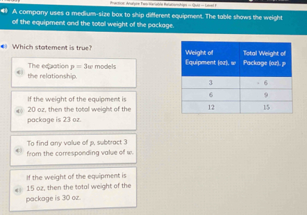 Practice: Analyoe Two-Variable Rollationships — Quie — Level P
4 A company uses a medium-size box to ship different equipment. The table shows the weight
of the equipment and the total weight of the package.
④ Which statement is true?
The equation p=3w models 
the relationship.
If the weight of the equipment is
④) 20 oz, then the total weight of the
package is 23 oz.
To find any value of p, subtract 3
from the corresponding value of w.
If the weight of the equipment is
4 15 oz, then the total weight of the
package is 30 oz.