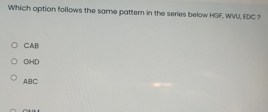 Solved: Which option follows the same pattern in the series below HGF ...