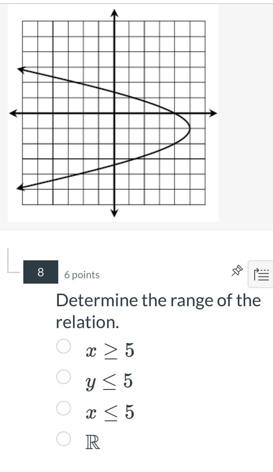 8 6 points
Determine the range of the
relation.
x≥ 5
y≤ 5
x≤ 5
R