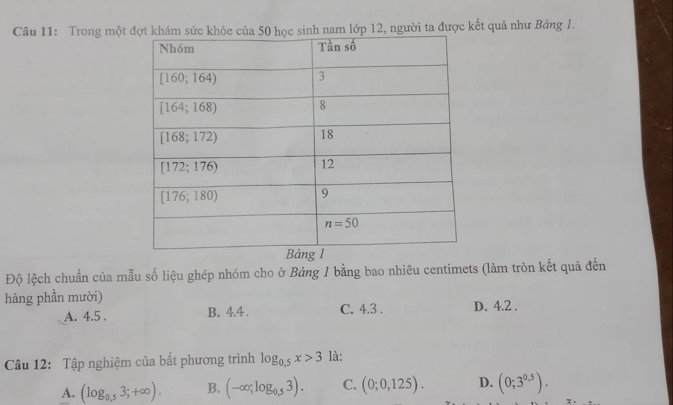 Trong một nam lớp 12, người ta được kết quả như Bảng 1.
Độ lệch chuẩn của mẫu số liệu ghép nhóm cho ở Bảng 1 bằng bao nhiêu centimets (làm tròn kết quả đến
hàng phần mười)
A. 4.5 . B. 4.4 . C. 4.3 . D. 4.2 .
Câu 12: Tập nghiệm của bất phương trình log _0.5x>3 là:
A. (log _0,53;+∈fty ). B. (-∈fty ;log _0,53). C. (0;0,125). D. (0;3^(0.5)).