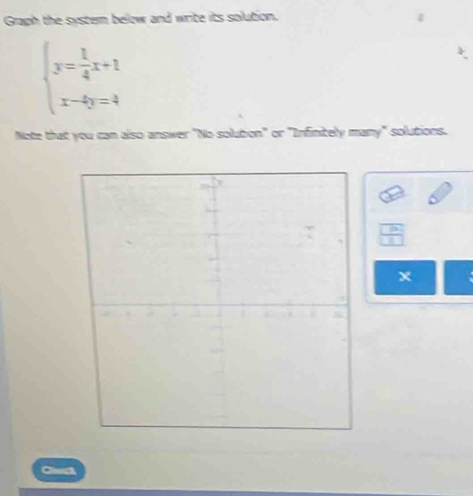 Graph the systern below and write its solution.
beginarrayl y= 1/4 x+1 x-4y=4endarray.
Note that you can also answer "No solution" or "Infinitely many" solutions.
P
x.