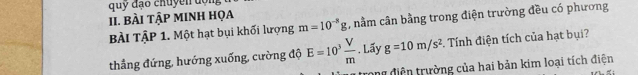 quy đạo chuyền động 
II. BÀI TậP MINH Họa 
Bi TậP 1. Một hạt bụi khối lượng m=10^(-8)g , nằm cân bằng trong điện trường đều có phương 
thẳng đứng, hướng xuống, cường độ E=10^3 V/m . Lấy g=10m/s^2 *. Tính điện tích của hạt bụi? 
trong diện trường của hai bản kim loại tích điện
