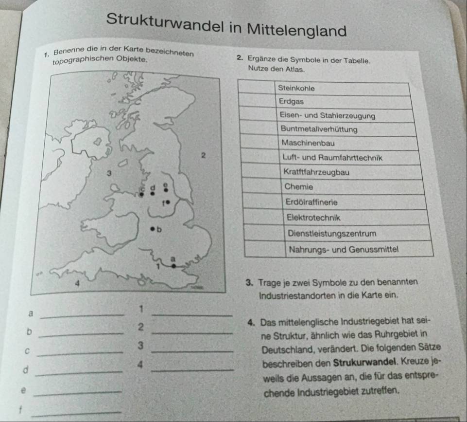 Strukturwandel in Mittelengland 
1. Benenne die in der Karte bezeichneten 2. Ergänze die Symbole in der Tabelle. 
pographischen Objekte. 
Nutze den Atlas. 
3. Trage je zwei Symbole zu den benannten 
Industriestandorten in die Karte ein. 
_a 
1 
_ 
4. Das mittelenglische Industriegebiet hat sei- 
_b 
_2 
ne Struktur, ähnlich wie das Ruhrgebiet in 
3 
C __Deutschland, verändert. Die folgenden Sätze 
4 
d __beschreiben den Strukurwandel. Kreuze je- 
weils die Aussagen an, die für das entspre- 
_e 
chende Industriegebiet zutreffen. 
_f