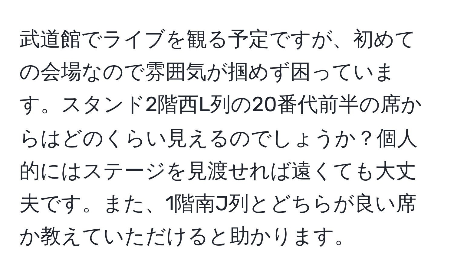 武道館でライブを観る予定ですが、初めての会場なので雰囲気が掴めず困っています。スタンド2階西L列の20番代前半の席からはどのくらい見えるのでしょうか？個人的にはステージを見渡せれば遠くても大丈夫です。また、1階南J列とどちらが良い席か教えていただけると助かります。