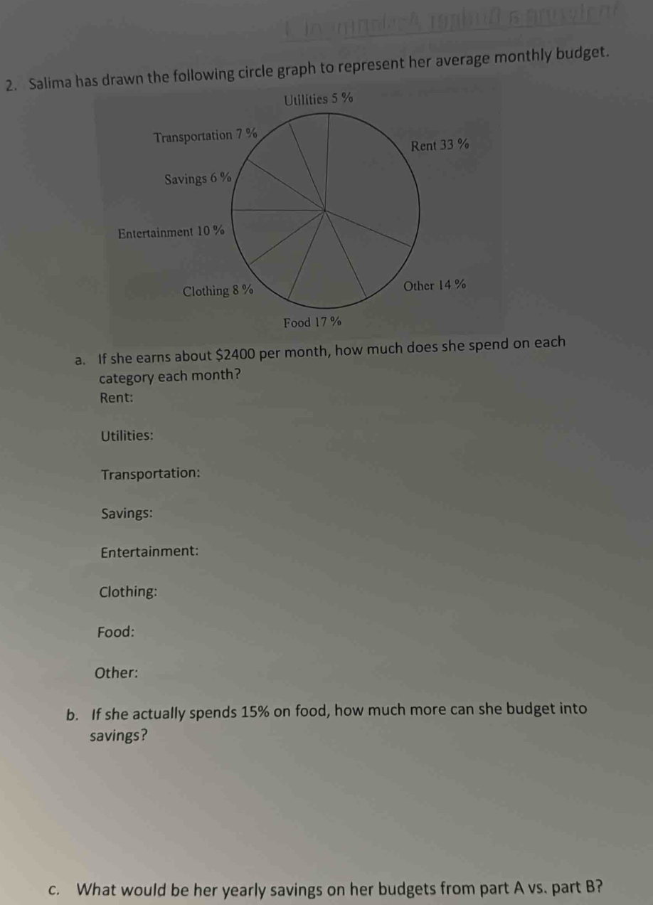 Salima ha the following circle graph to represent her average monthly budget. 
a. If she earns about $2400 per month, how much does she spend on each 
category each month? 
Rent: 
Utilities: 
Transportation: 
Savings: 
Entertainment: 
Clothing: 
Food: 
Other: 
b. If she actually spends 15% on food, how much more can she budget into 
savings? 
c. What would be her yearly savings on her budgets from part A vs. part B?