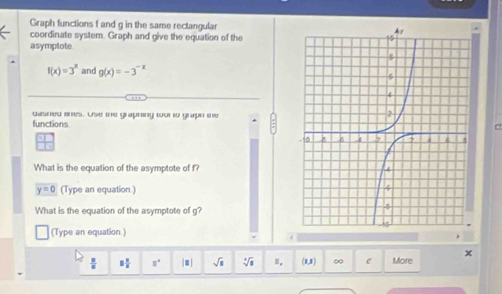 Graph functions f and g in the same rectangular 
coordinate system. Graph and give the equation of the 
asymptote
f(x)=3^x and g(x)=-3^(-x)
dasned ones. Use the graphing tor to grapt the 
functions
 □ □ /□ □  
What is the equation of the asymptote of f?
y=0 (Type an equation.) 
What is the equation of the asymptote of g? 
(Type an equation.) 
(
 □ /□   □  □ /□   □^x |□ | sqrt(□ ) sqrt[□](□ ).. (1,1) ∞ e More