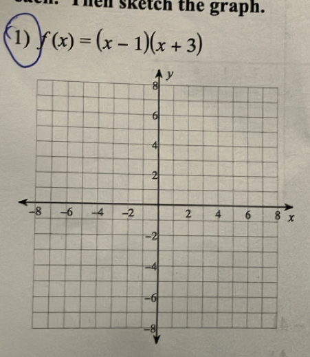 Then sketch the graph. 
1) f(x)=(x-1)(x+3)