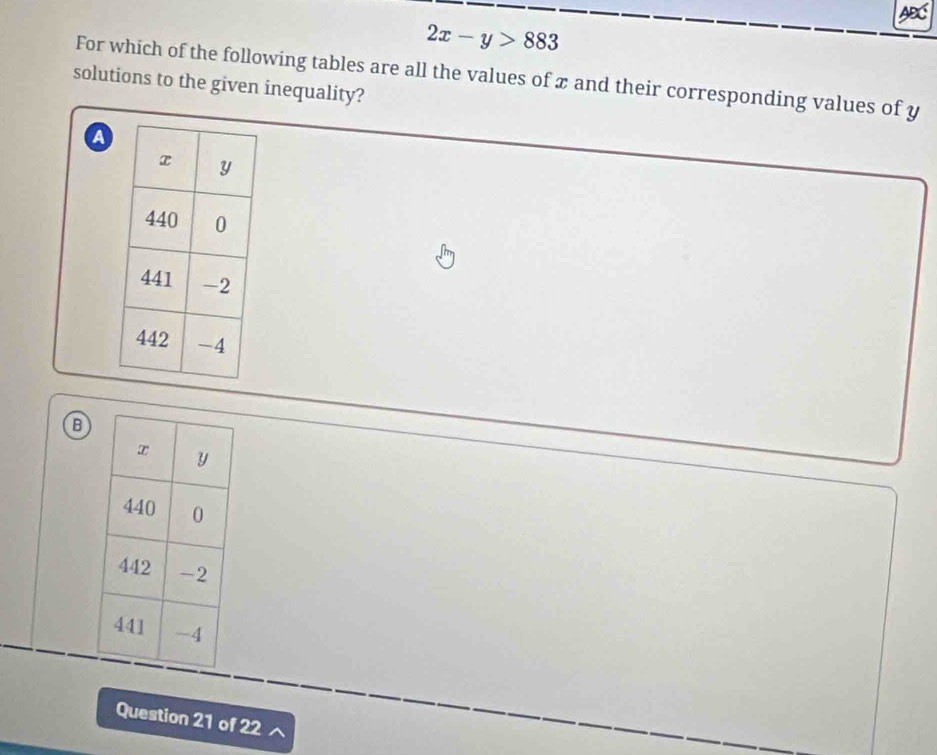 AD
2x-y>883
For which of the following tables are all the values of x and their corresponding values of y
solutions to the given inequality? 
a 
Question 21 of 22 ^