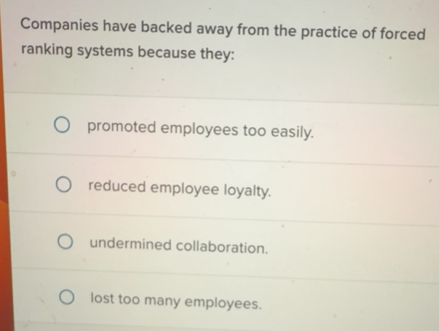 Solved: Companies have backed away from the practice of forced ranking ...
