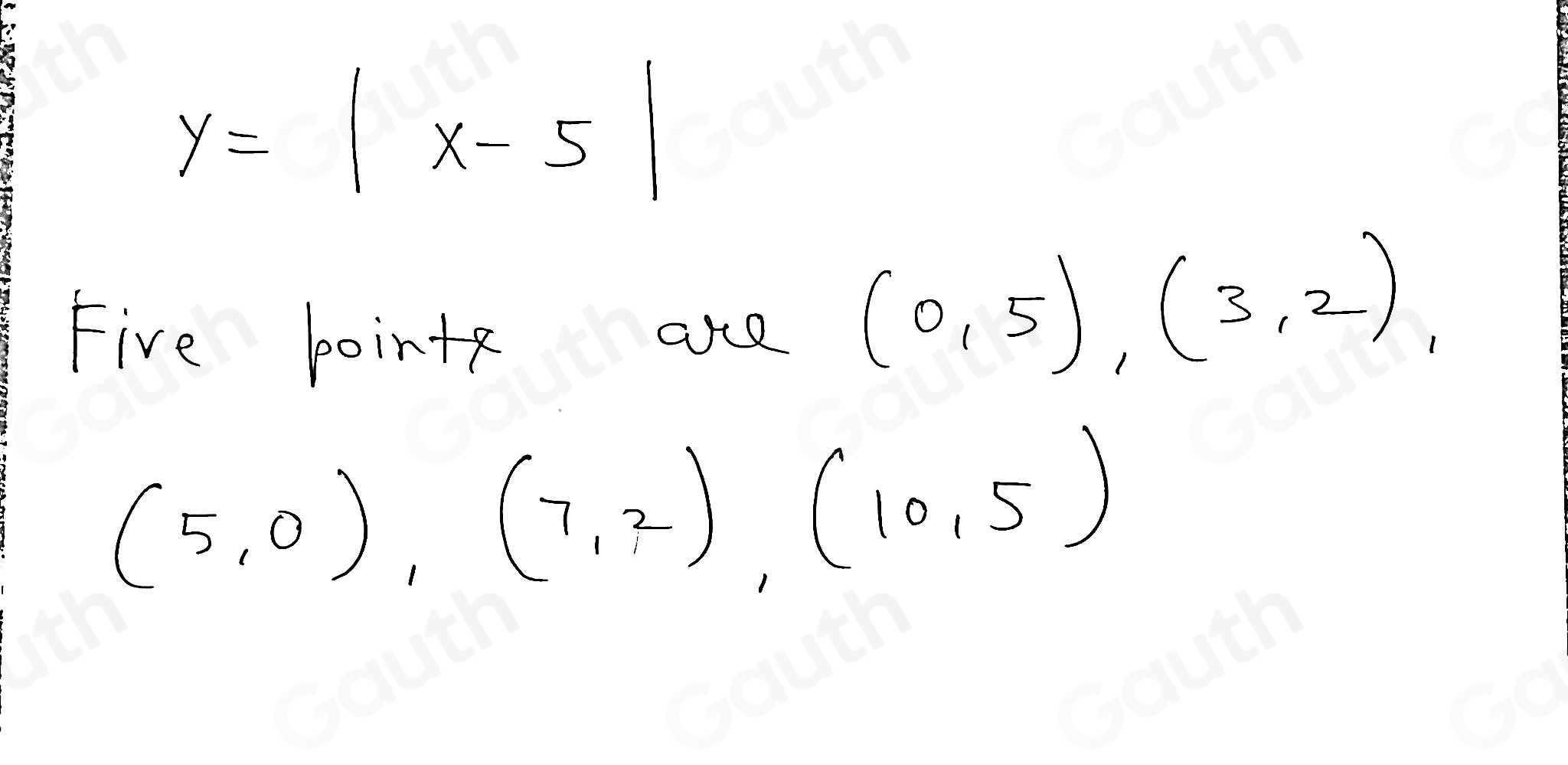 y=|x-5|
Five boints are
(0,5), (3,2),
(5,0),(7,2), (10,5)