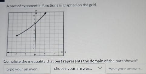 A part of exponential function f is graphed on the grid. 
Complete the inequality that best represents the domain of the part shown? 
type your answer... choose your answer... type your answer...