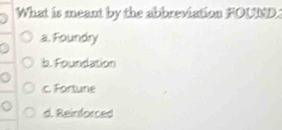 What is meant by the abbreviation FOUND
a. Foundry
b. Foundation
c Fortune
d. Reinforced