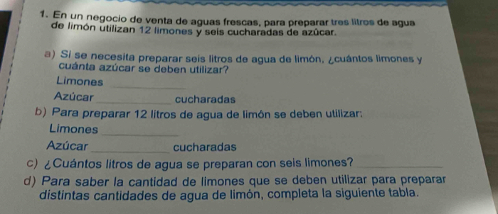 En un negocio de venta de aguas fresças, para preparar tres litros de agua 
de limón utilizan 12 limones y seis cucharadas de azúcar. 
a) Si se necesita preparar seis litros de agua de limón. ¿cuántos limones y 
cuánta azúcar se deben utilizar? 
Limones_ 
Azúcar_ cucharadas 
b) Para preparar 12 lítros de agua de limón se deben utilizar: 
Limones_ 
Azúcar_ cucharadas 
c) ¿Cuántos litros de agua se preparan con seis limones?_ 
d) Para saber la cantidad de limones que se deben utilizar para preparar 
distintas cantidades de agua de limón, completa la siguiente tabla.