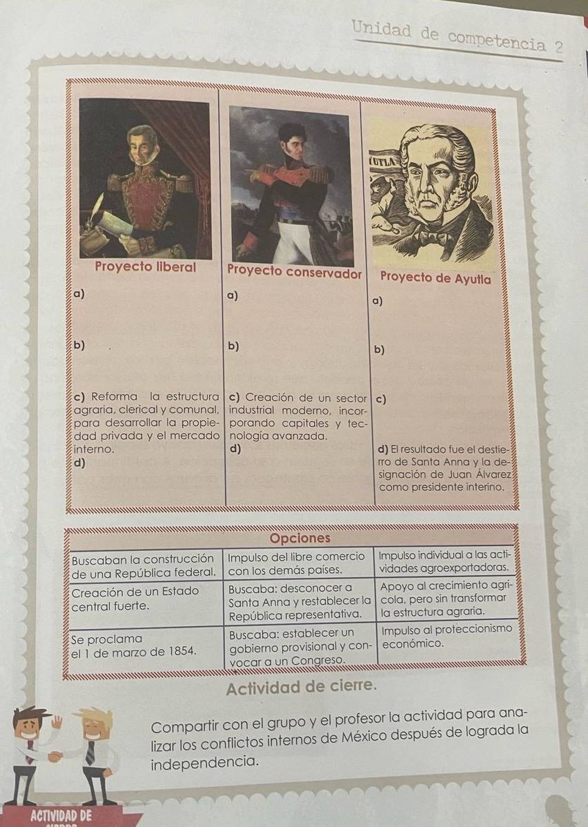 Unidad de competencia 2
UTLA
beral Proyecto conservador Proyecto de Ayutla
a)
a)
a)
b)
b)
b)
c) Reforma la estructura c) Creación de un sector c)
agraria, clerical y comunal, industrial moderno, incor-
para desarrollar la propie- porando capitales y tec-
dad privada y el mercado nología avanzada.
interno. d) d) El resultado fue el destie-
d)
rro de Santa Anna y la de-
signación de Juan Álvarez
como presidente interino.
Actividad de cierre.
Compartir con el grupo y el profesor la actividad para ana-
lizar los conflictos internos de México después de lograda la
independencia.
ACTIVIDAD DE