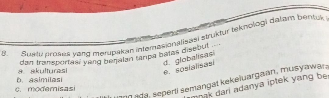 Suatu proses yang merupakan internasionalisasi struktur teknologi dalam bentuki
dan transportasi yang berjalan tanpa batas disebut ....
d. globalisasi
a. akulturasi
e. sosialisasi
b. asimilasi
a o . perti semangat kekeluargaan, musy awara
mnak dari adanya iptek yang be
c. modernisasi