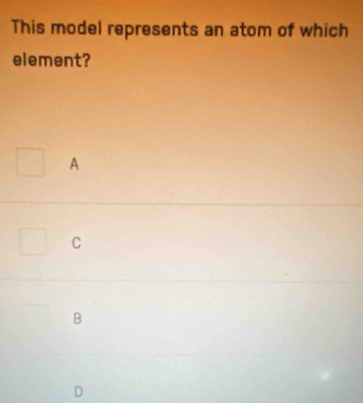 This model represents an atom of which
element?
A
C
B
D