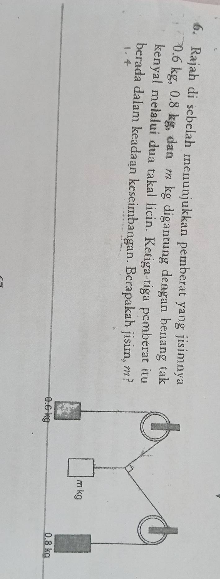 Rajah di sebelah menunjukkan pemberat yang jisimnya
0.6 kg, 0.8 kg, dan m kg digantung dengan benang tak 
kenyal melalui dua takal licin. Ketiga-tiga pemberat itu 
berada dalam keadaan keseimbangan. Berapakah jisim, m?