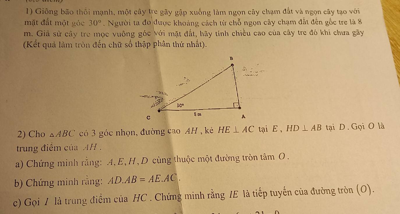 Giống bão thổi mạnh, một cây tre gãy gập xuống làm ngọn cây chạm đất và ngọn cây tạo với
mặt đất một góc 30°. Người ta đo được khoảng cách từ chỗ ngọn cây chạm đất đến gốc tre là 8
m. Giả sử cây trẻ mọc vuông góc với mặt đất, hãy tính chiều cao của cây tre đó khi chưa gãy
(Kết quả làm tròn đến chữ số thập phân thứ nhất).
2) Cho △ ABC có 3 góc nhọn, đường cao AH , kẻ HE⊥ AC tại E , HD⊥ AB tại D. Gọi O là
trung điểm của  AH .
a) Chứng minh rằng: A, E, H, D cùng thuộc một đường tròn tâm O.
b) Chứng minh rằng: AD.AB=AE.AC.
c) Gọi 1 là trung điểm của HC . Chứng minh rằng IE là tiếp tuyến của đường tròn (O).