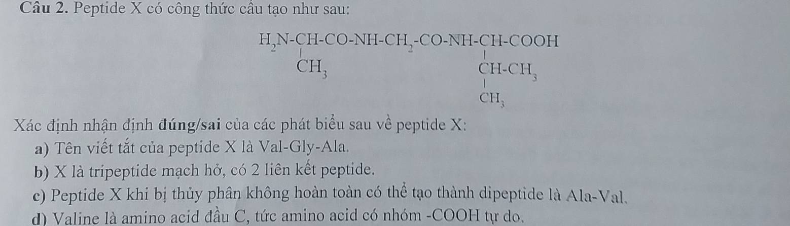 Peptide X có công thức cầu tạo như sau:
H_2N-CH-CO-NH-CH_2-CO-NH-CH-COOH
CH_3
CH-CH_3
CH_3
Xác định nhận định đúng/sai của các phát biểu sau về peptide X :
a) Tên viết tắt của peptide X là Val-Gly-Ala.
b) X là tripeptide mạch hở, có 2 liên kết peptide.
c) Peptide X khi bị thủy phân không hoàn toàn có thể tạo thành dipeptide là Ala-Val.
d) Valine là amino acid đầu C, tức amino acid có nhóm -COOH tự do.