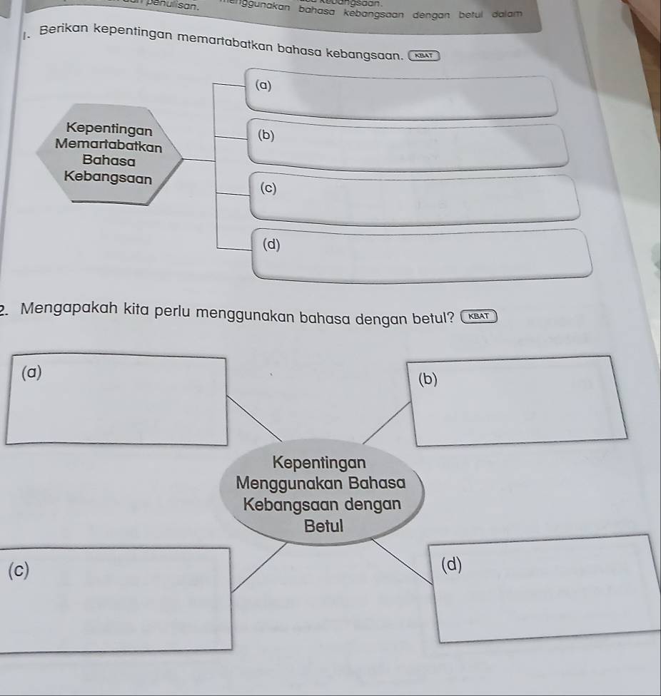 Kebangsaan
penulisan. lenggunakan bahasa kebangsaan dengan betul dalam
Berikan kepentingan memartabatkan bahasa kebangsaan.
(a)
Kepentingan (b)
Memartabatkan
Bahasa
Kebangsaan
(c)
(d)
2. Mengapakah kita perlu menggunakan bahasa dengan betul? KBAT
(a)
(b)
Kepentingan
Menggunakan Bahasa
Kebangsaan dengan
Betul
(c) (d)