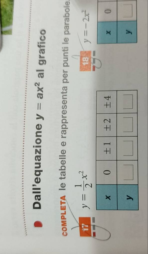Dall'equazione y=ax^2 al grafico
comPLETA le tabelle e rappresenta per punti le parabole
17 y= 1/2 x^2
18 y=-2x^2