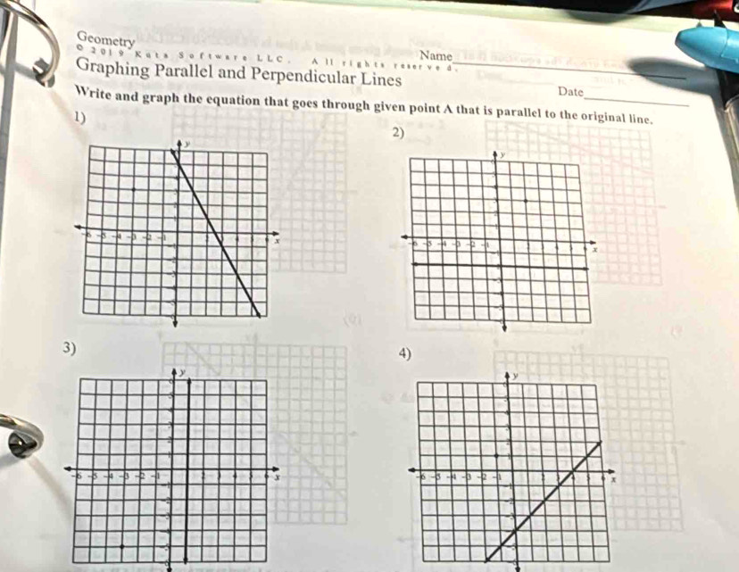 Geometry 0 20 1 9 8 
A 
Name 
Graphing Parallel and Perpendicular Lines _Date 
Write and graph the equation that goes through given point A that is parallel to the original line. 
1) 
2) 
3) 
4)