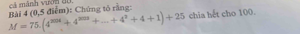 cả mảnh vườn đo. 
Bài 4 (0,5 điểm): Chứng tỏ rằng:
M=75.(4^(2024)+4^(2023)+...+4^2+4+1)+25 chia hết cho 100.