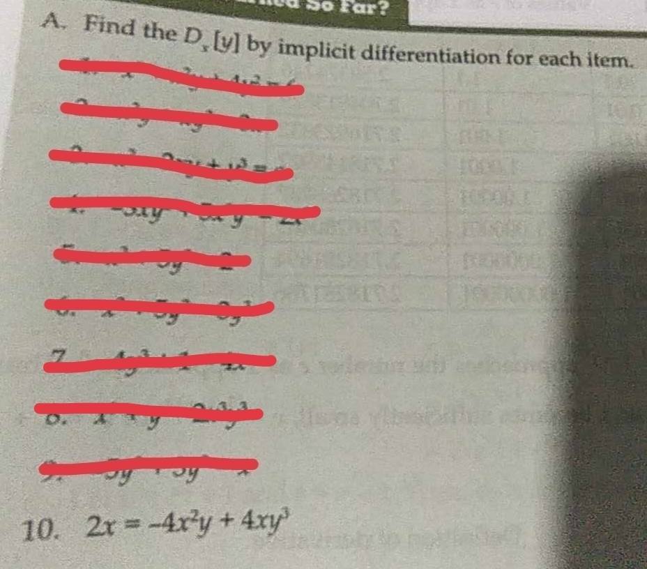 a bo tar?
A. Find the . D_x [y] by implicit differentiation for each item.
I
7
10. 2x=-4x^2y+4xy^3