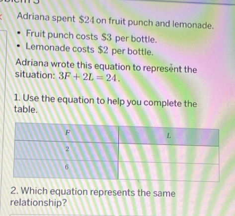 Adriana spent $24 on fruit punch and lemonade. 
Fruit punch costs $3 per bottle. 
Lemonade costs $2 per bottle. 
Adriana wrote this equation to represent the 
situation: 3F+2L=24. 
1. Use the equation to help you complete the 
table. 
2. Which equation represents the same 
relationship?