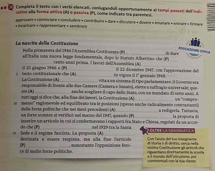 Completa il testo con i verbi elencati, coniugandoli opportunamente ai tempi passati dell'indi-
cativo alla forma attiva (A) o passiva (P), come indicato tra parentesi.
approvare • cominciare • concludere • contribuire • dare • discutere • dovere • emanare • entrare • firmare
*  incaricare • rappresentare • sembrare
La nascita della Costituzione
EDUCAZIONE CIVICA
Nella primavera del 1946 l'Assemblea Costituente (P)_ di dare
all'Italia una nuova legge fondamentale, dopo lo Statuto Albertino che (P)_
_cento anni prima. I lavori dell'Assemblea (A)_
il 25 giugno 1946 e (P) _il 22 dicembre 1947, con l’approvazione del
5 testo costituzionale che (A) _in vigore il 1° gennaio 1948.
La Costituzione (A) _ vita a un sistema di tipo parlamentare: il Governo era
responsabile di fronte alle due Camere (Camera e Senato), elette a suffragio universale; que-
ste (A)_ anche scegliere il capo dello Stato, con un mandato di sette anni. A
tutt’oggi si dice che, alla fine dei lavori, la Costituzione (A)_ un 'compro-
lo messo' ragionevole ed equilibrato tra le posizioni (spesso anche radicalmente contrastanti)
delle forze politiche che nei mesi precedenti (A)_ a redigerla. Tuttavia,
un forte scontro si verificò nel marzo del 1947, quando (P) _la proposta di
inserire un articolo in cui si confermavano i rapporti fra Stato e Chiesa, regolati da un accor-
do che (P)_ nel 1929 tra la Santa   OLTRE LA GRAMMATICA
5 Sede e il regime fascista. La proposta (A)_
destinata a essere respinta, ma alla fine l'artícolo Con l'aiuto del tuo insegnante
di storia o di diritto, cerca nella
(P)_ , nonostante l'opposizione fero- nostra Costituzione gli articoli che
ce di molte forze politiche. riguardano direttamente la scuola
e il mondo dell'istruzione, poi
commentali con la tua classe.