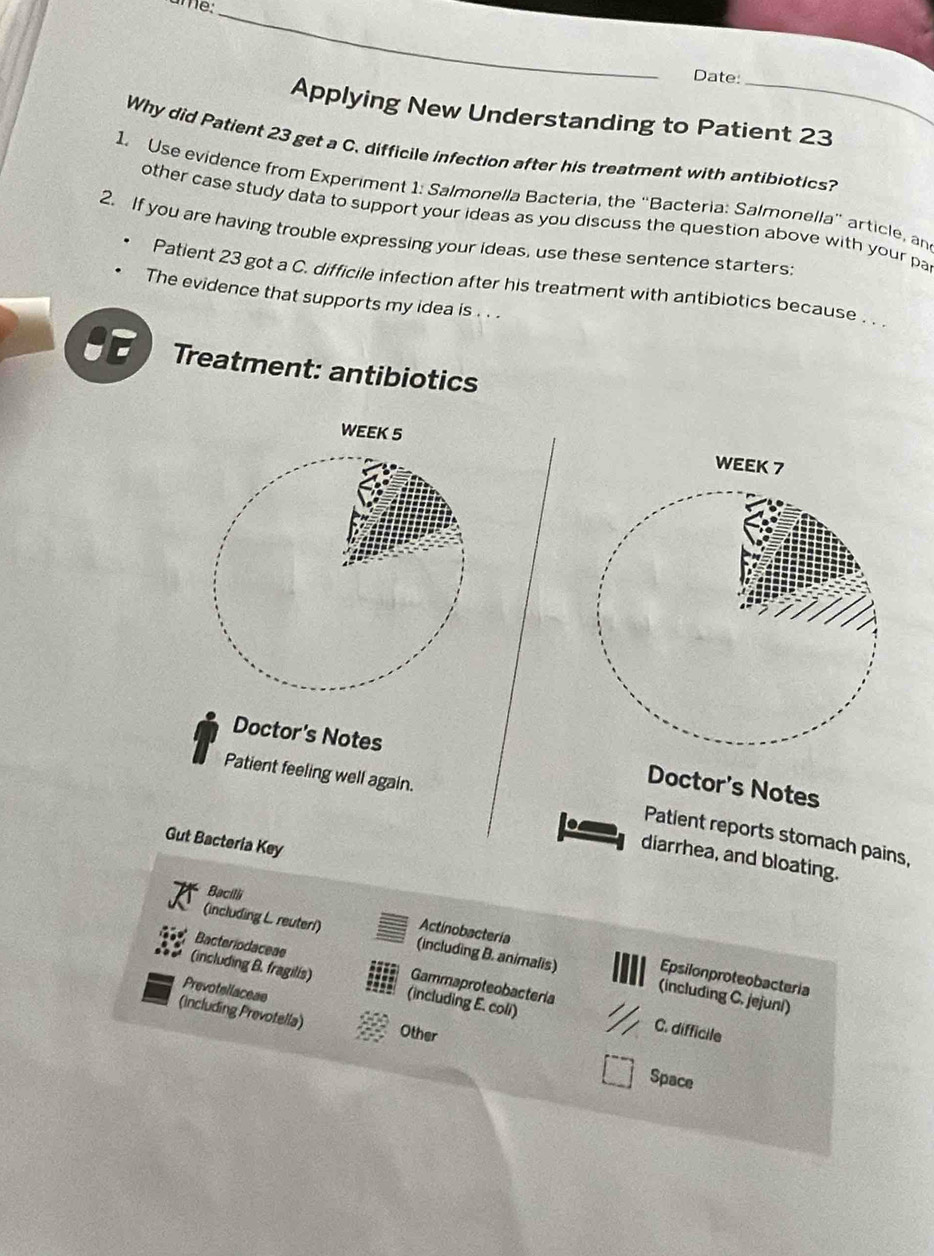 ame:_
Date
Applying New Understanding to Patient 23
Why did Patient 23 get a C. difficile infection after his treatment with antibiotics?
1. Use evidence from Experiment 1: Salmonella Bacteria, the “Bacteria: Salmonella” article, an
other case study data to support your ideas as you discuss the question above with your pa
2. If you are having trouble expressing your ideas, use these sentence starters:
Patient 23 got a C. difficile infection after his treatment with antibiotics because . . .
The evidence that supports my idea is . . .
Treatment: antibiotics
WEEK 5
Doctor's Notes
Patient feeling well again.
Doctor's Notes
Patient reports stomach pains,
Gut Bacteria Key
diarrhea, and bloating.
Bacilli Actinobactería
(including L. reuteri) (including B. animalis) (including C. jejuní)
Bacteriodaceae Gammaproteobacteria
Epsilonproteobacteria
(including B. fragilis) (including E. coli)
Prevotellaceae
Other
C. difficile
(including Prevotella) Space