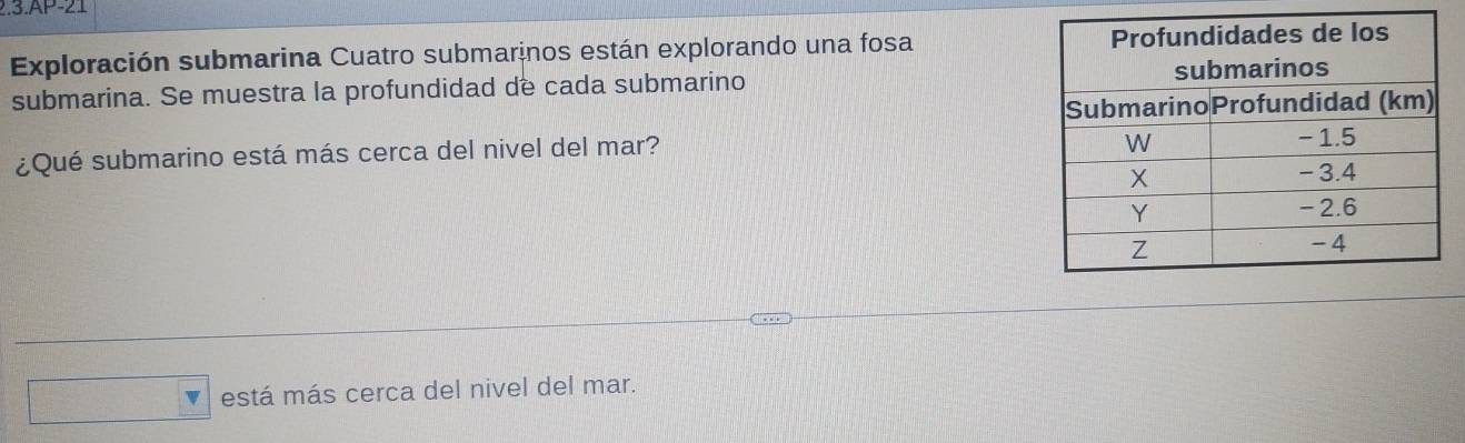 AP-21 
Exploración submarina Cuatro submarinos están explorando una fosa 
submarina. Se muestra la profundidad de cada submarino 
¿Qué submarino está más cerca del nivel del mar? 
está más cerca del nivel del mar.