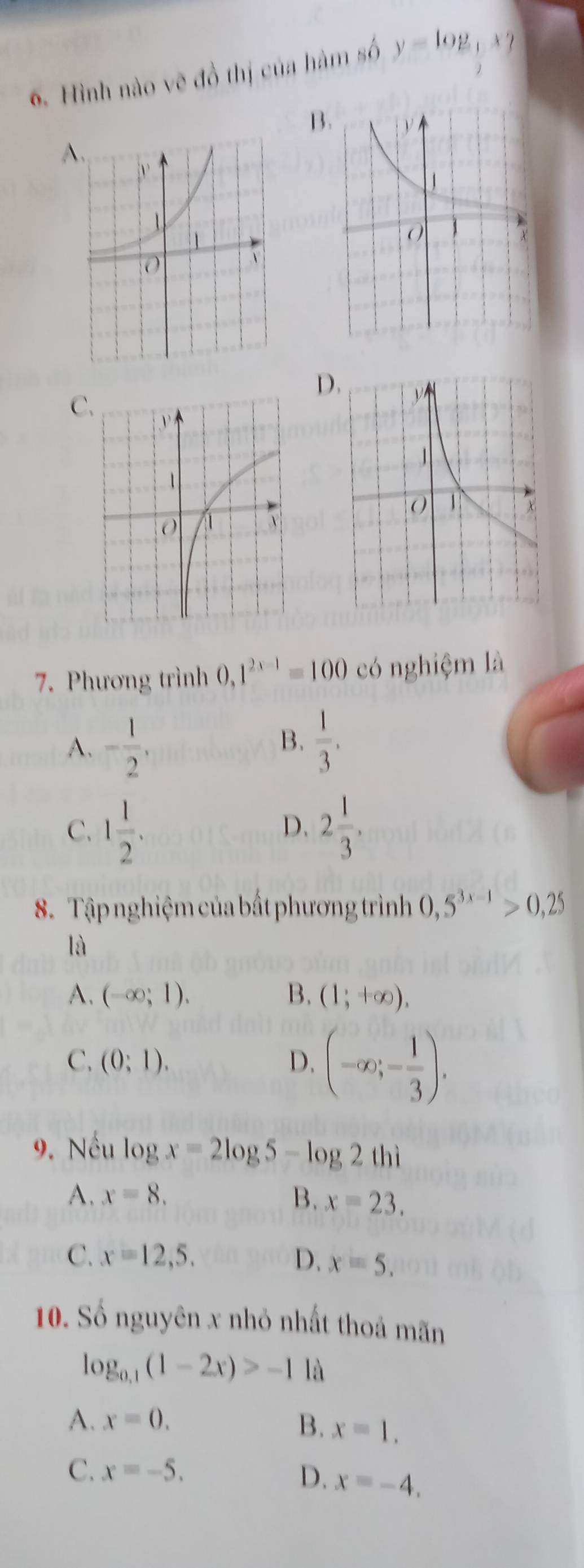 Hình nào vẽ đồ thị của hàm số y=log _3x_2
B
A
C
D
7. Phương trình 0,1^(2x-1)=100 có nghiệm là
A. - 1/2 ,  1/3 . 
B.
C. 1 1/2 . 2 1/3 . 
D.
8. Tập nghiệm của bất phương trình 0,5^(3x-1)>0,25
là
A. (-∈fty ;1). B. (1;+∈fty ).
C. (0;1). D. (-∈fty ;- 1/3 ). 
9. Nếu log x=2log 5-log 2thi
A. x=8. B. x=23.
C. x=12,5. D. x=5. 
10. Số nguyên x nhỏ nhất thoả mãn
log _0.1(1-2x)>-1 là
A. x=0. B. x=1.
C. x=-5. D. x=-4.