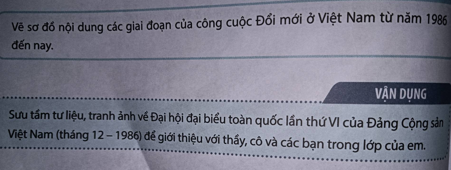 Về sơ đồ nội dung các giai đoạn của công cuộc Đổi mới ở Việt Nam từ năm 1986 
đến nay. 
VẬN DỤNG 
Sưu tầm tư liệu, tranh ảnh về Đại hội đại biểu toàn quốc lần thứ VI của Đảng Cộng sản 
Việt Nam (tháng 12 - 1986) để giới thiệu với thầy, cô và các bạn trong lớp của em.