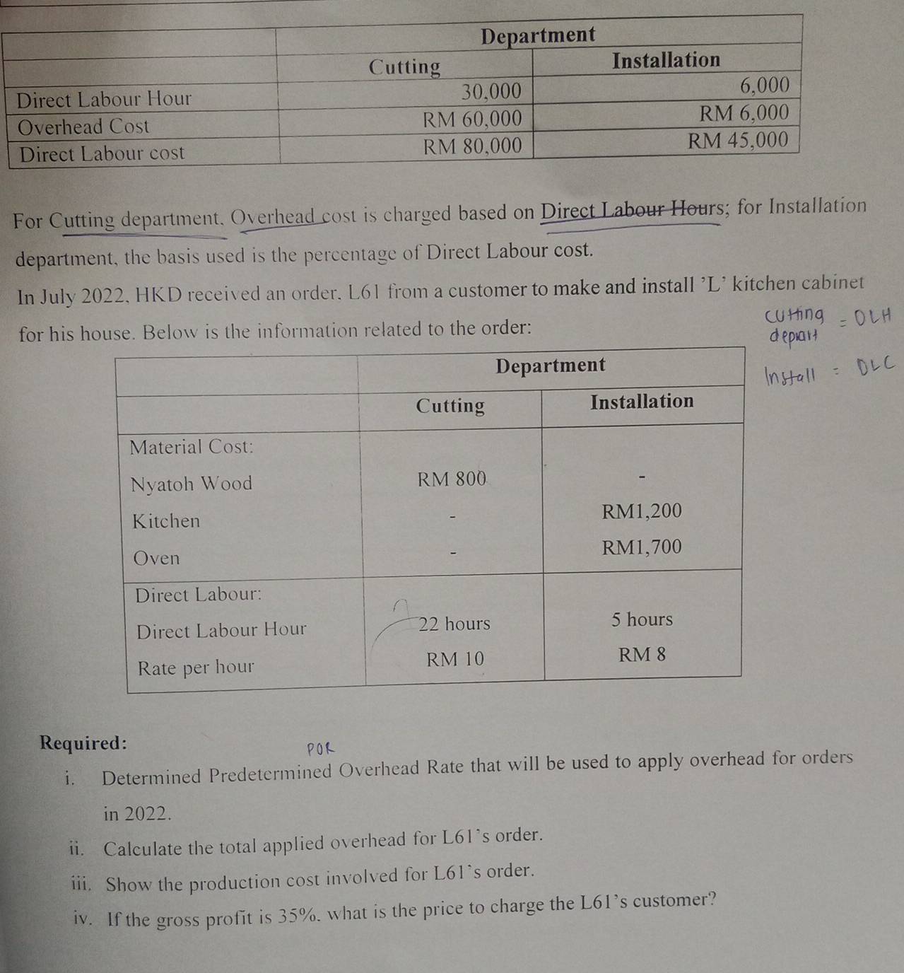 For Cutting department. Overhead cost is charged based on Direct Labour Hours; for Installation 
department, the basis used is the percentage of Direct Labour cost. 
In July 2022, HKD received an order. L61 from a customer to make and install 'L' kitchen cabinet 
for his house. Below is the information related to the order: 
Required: 
i. Determined Predetermined Overhead Rate that will be used to apply overhead for orders 
in 2022. 
ii. Calculate the total applied overhead for L61’s order. 
iii. Show the production cost involved for L61^s order. 
iv. If the gross profit is 35%. what is the price to charge the L61’s customer?