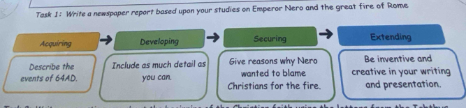 Task 1: Write a newspaper report based upon your studies on Emperor Nero and the great fire of Rome 
Acquiring Developing Securing 
Extending 
Describe the Include as much detail as Give reasons why Nero Be inventive and 
events of 64AD. you can. wanted to blame creative in your writing 
Christians for the fire. and presentation.