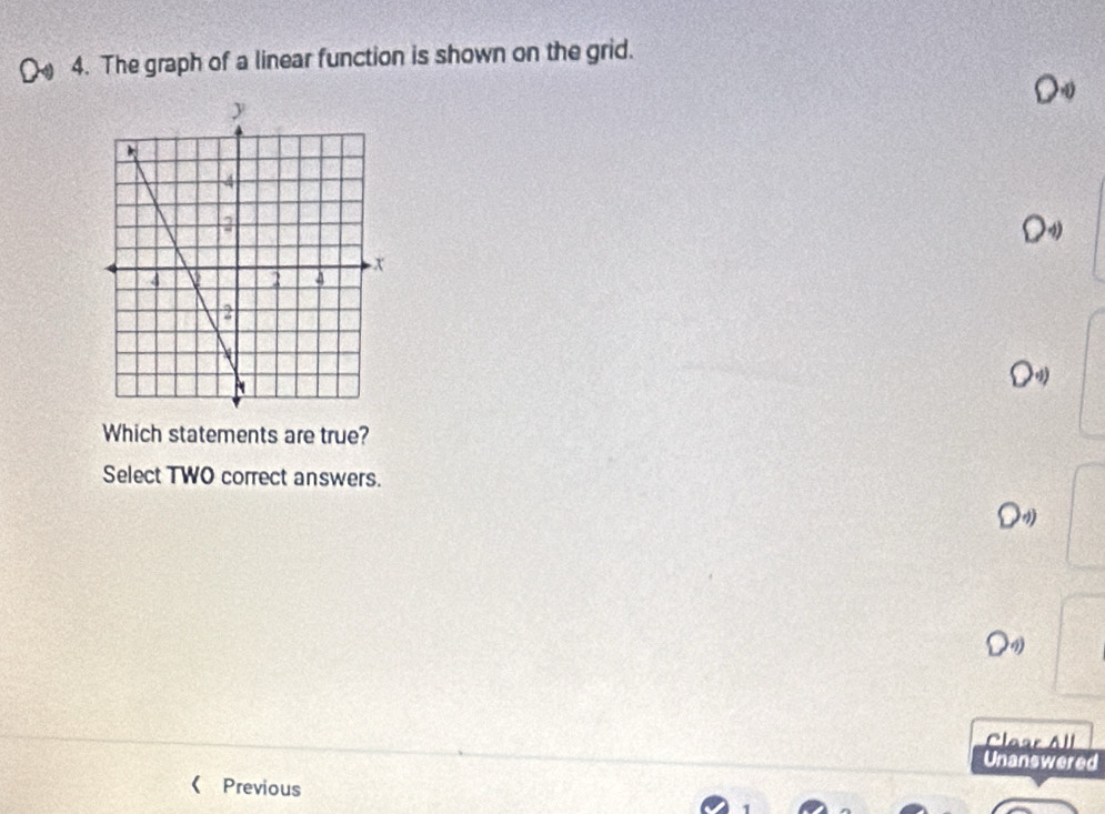 The graph of a linear function is shown on the grid.
O·
bigcirc 4)
O^(-1))
Which statements are true?
Select TWO correct answers.
Q_4)
Claar All
Unanswered
《 Previous