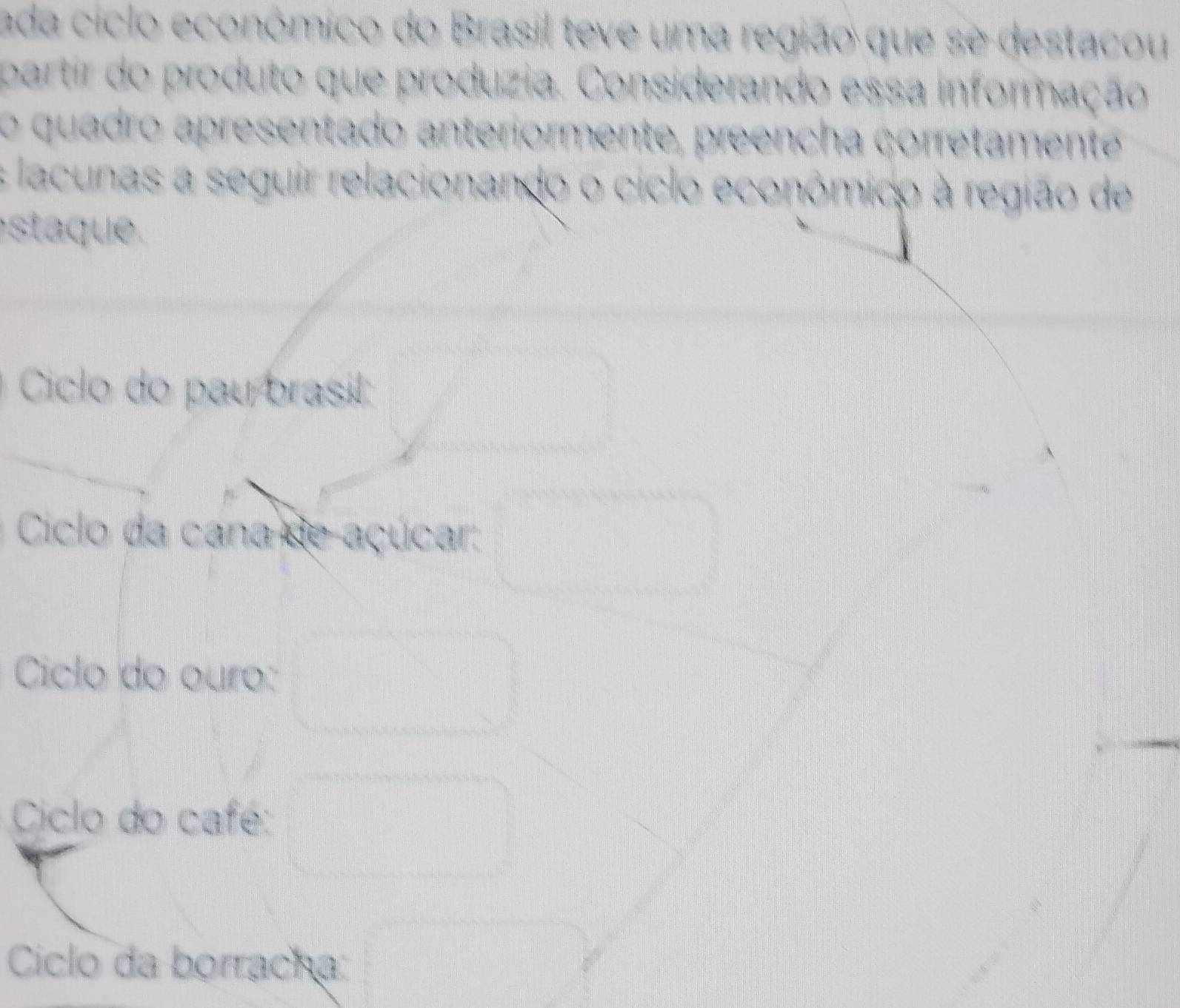 ada ciclo económico do Brasil teve uma região que se destacou 
partir do produto que produzia. Considerando essa informação 
o quadro apresentado anteriormente, preencha çorretamente 
lacunas a seguir relacionando o cíclo econômico à região de 
sta que. 
Ciclo do pau brasil 
Ciclo da cana de-açúcar: 
Ciclo do ouro: 
Ciclo do café: 
Ciclo da borracha: