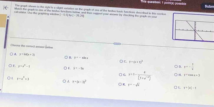 This question: 1 point(s) possible Subm
The graph shown to the right is a slight variation on the graph of one of the twelve basic functions described in this section.
Match the graph to one of the twelve functions below, and then support your answer by checking the graph on your
calculator. Use the graphing window [-5,5] by [-20,20]
Choose the correct answer below.
A. y=ln t(x+3) y=-sin x
B.
C. y=(x+1)^3
E. y=e^x-1
F. y=-9x
D. y=- 1/x 
G. y=1- 4/(1+e^(-x))  H. y=cos x+3
1. y=x^3+3
K.
J. y=(x-3)^2 y=-sqrt(x) L. y=|x|-1