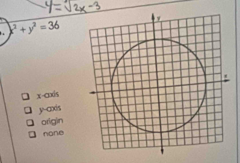 x^2+y^2=36
x-axis
y-axis
origin
none